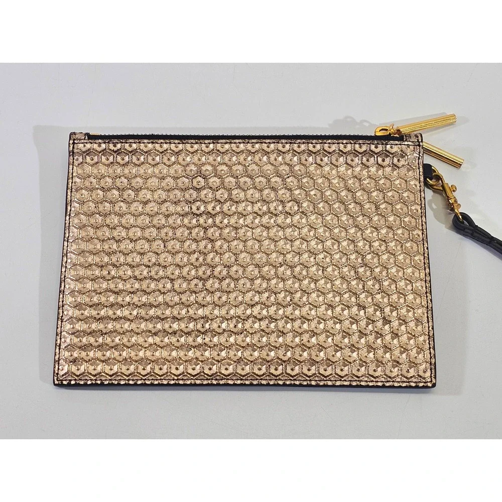 India Hicks Gold‎ Metallic Hexagon Honeycomb Double Zip Wristlet Clutch Bag EUC - Picture 4 of 9